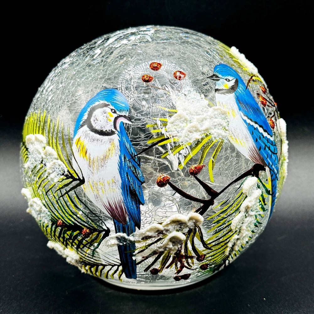 Blue Jay Hand Painted Crackle Glass Night Light Winter Bird Christmas Holiday